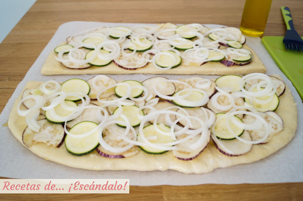Calabacin, berenjena y cebolleta para la coca de verduras